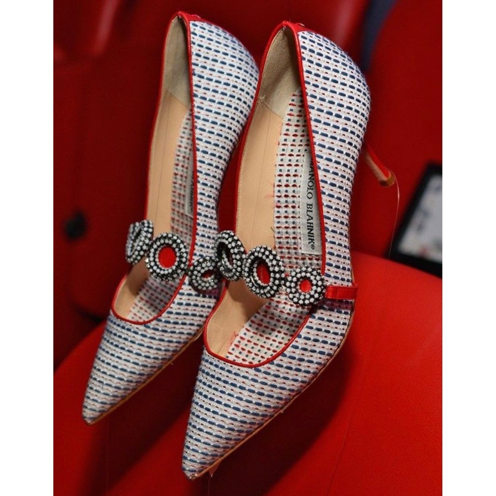 Manolo Blahnik Tweed Embellished Mary Jane Heels - Picture 1 of 8